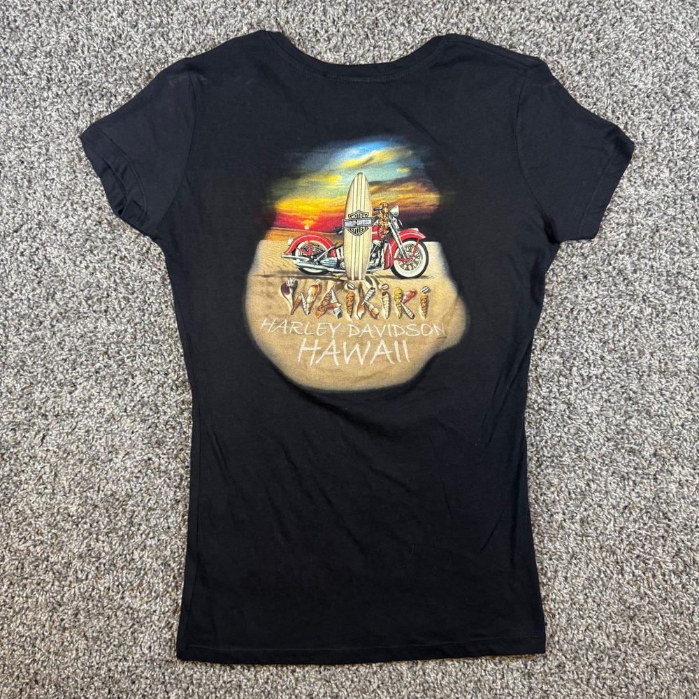 NWT Harley-Davidson T-Shirt Women Medium Black Waikiki Hawaii V-Neck Graphic Tee - Picture 3 of 8